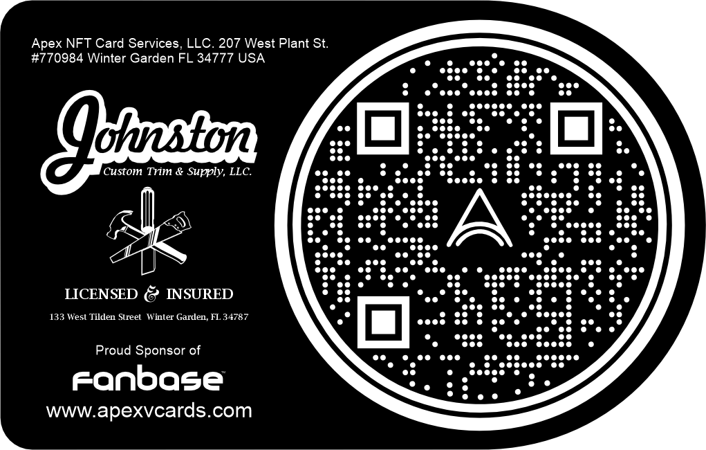Card back for Johnston Custom Trim and Supply with a large round QR code