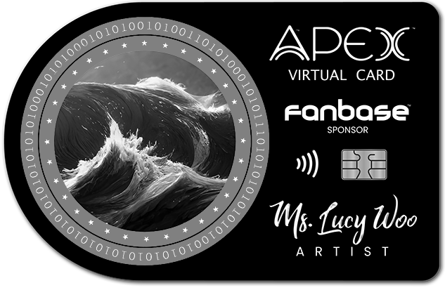 Black aluminum Apex card etched with Ms. Lucy Woo, Artist
