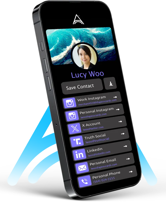 The live digital card for Lucy Woo on a phone, with Save Contact and her links